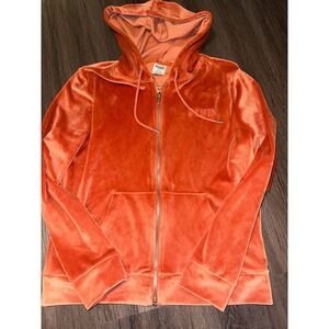 Victoria's Secret Womens Orange Velvet Hoodie Sweatshirt Jacket Medium Zip Hood